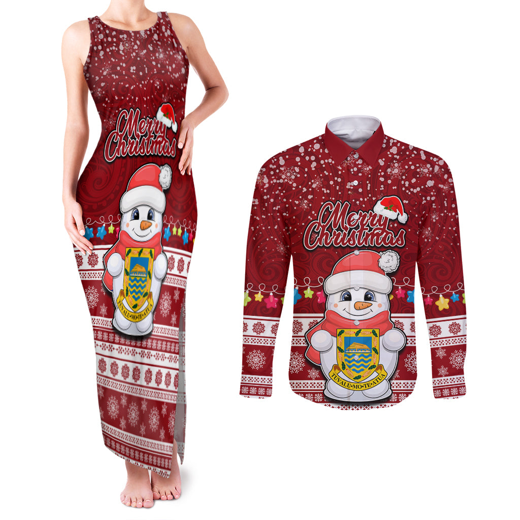 Personalised Tuvalu Christmas Couples Matching Tank Maxi Dress and Long Sleeve Button Shirt Snowman and Tuvalu Coat of Arms Maori Tribal Xmas Style LT03 Red - Polynesian Pride