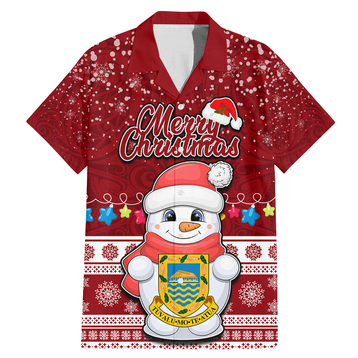 Personalised Tuvalu Christmas Family Matching Mermaid Dress and Hawaiian Shirt Snowman and Tuvalu Coat of Arms Maori Tribal Xmas Style LT03 Dad's Shirt - Short Sleeve Red - Polynesian Pride