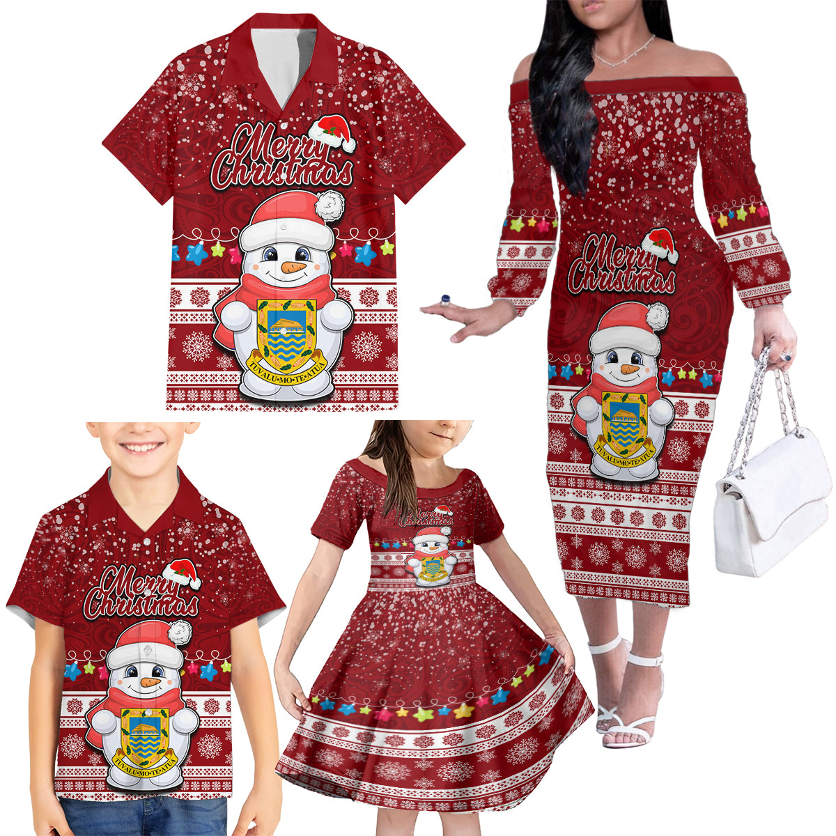 Personalised Tuvalu Christmas Family Matching Off Shoulder Long Sleeve Dress and Hawaiian Shirt Snowman and Tuvalu Coat of Arms Maori Tribal Xmas Style LT03 - Polynesian Pride