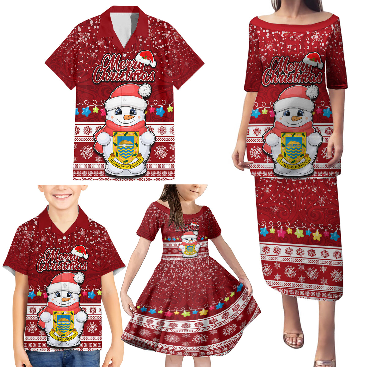 Personalised Tuvalu Christmas Family Matching Puletasi Dress and Hawaiian Shirt Snowman and Tuvalu Coat of Arms Maori Tribal Xmas Style LT03 - Polynesian Pride