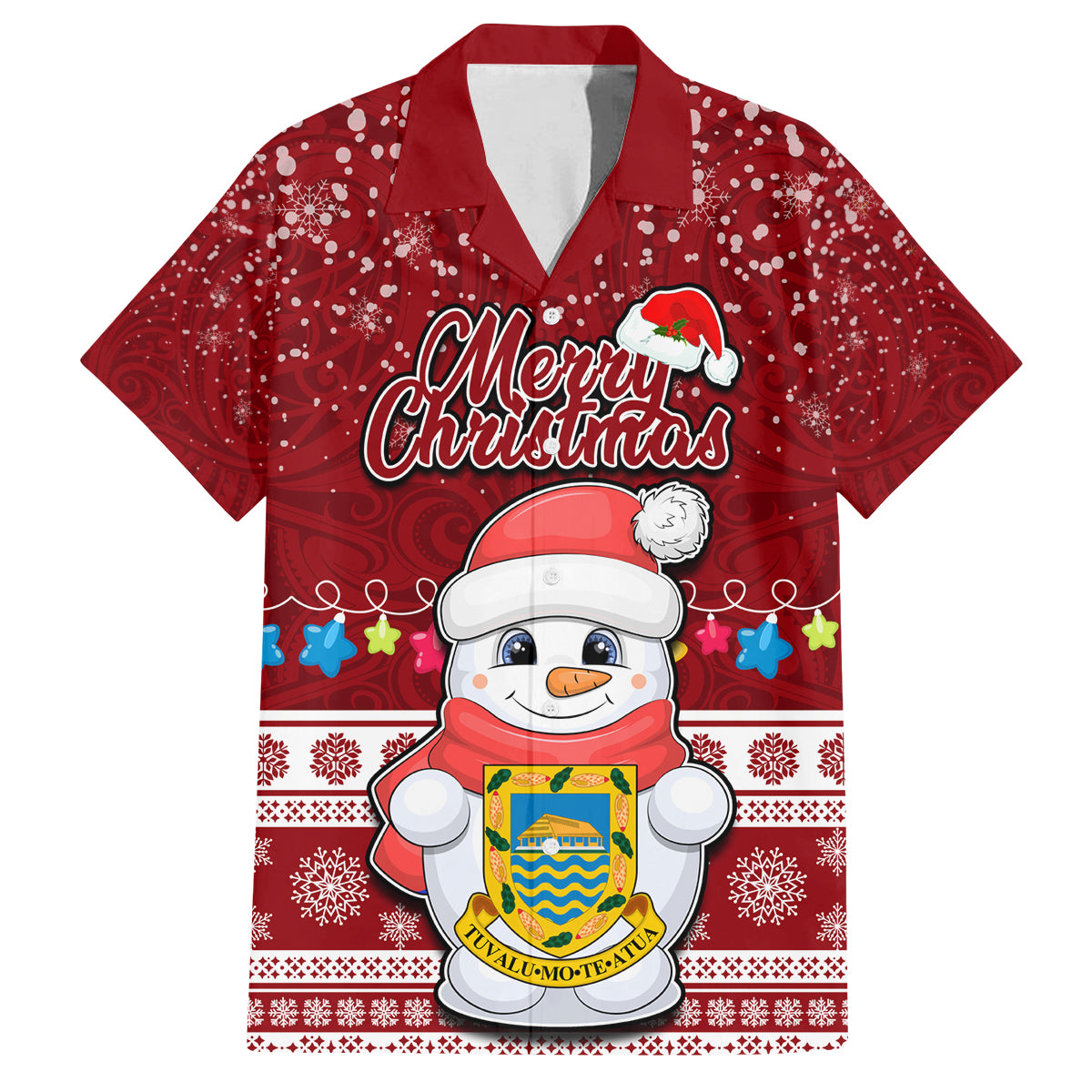 Personalised Tuvalu Christmas Family Matching Tank Maxi Dress and Hawaiian Shirt Snowman and Tuvalu Coat of Arms Maori Tribal Xmas Style LT03 Dad's Shirt - Short Sleeve Red - Polynesian Pride