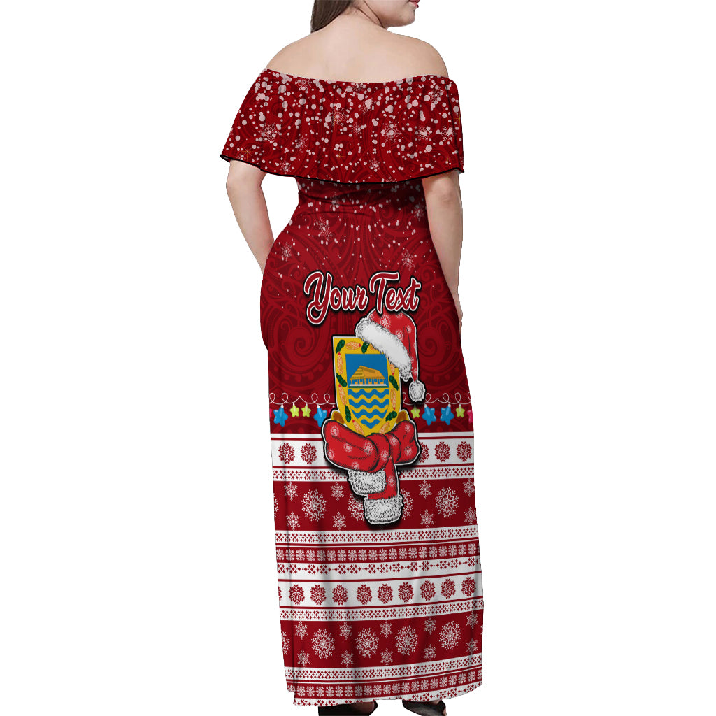Personalised Tuvalu Christmas Off Shoulder Maxi Dress Snowman and Tuvalu Coat of Arms Maori Tribal Xmas Style LT03 - Polynesian Pride