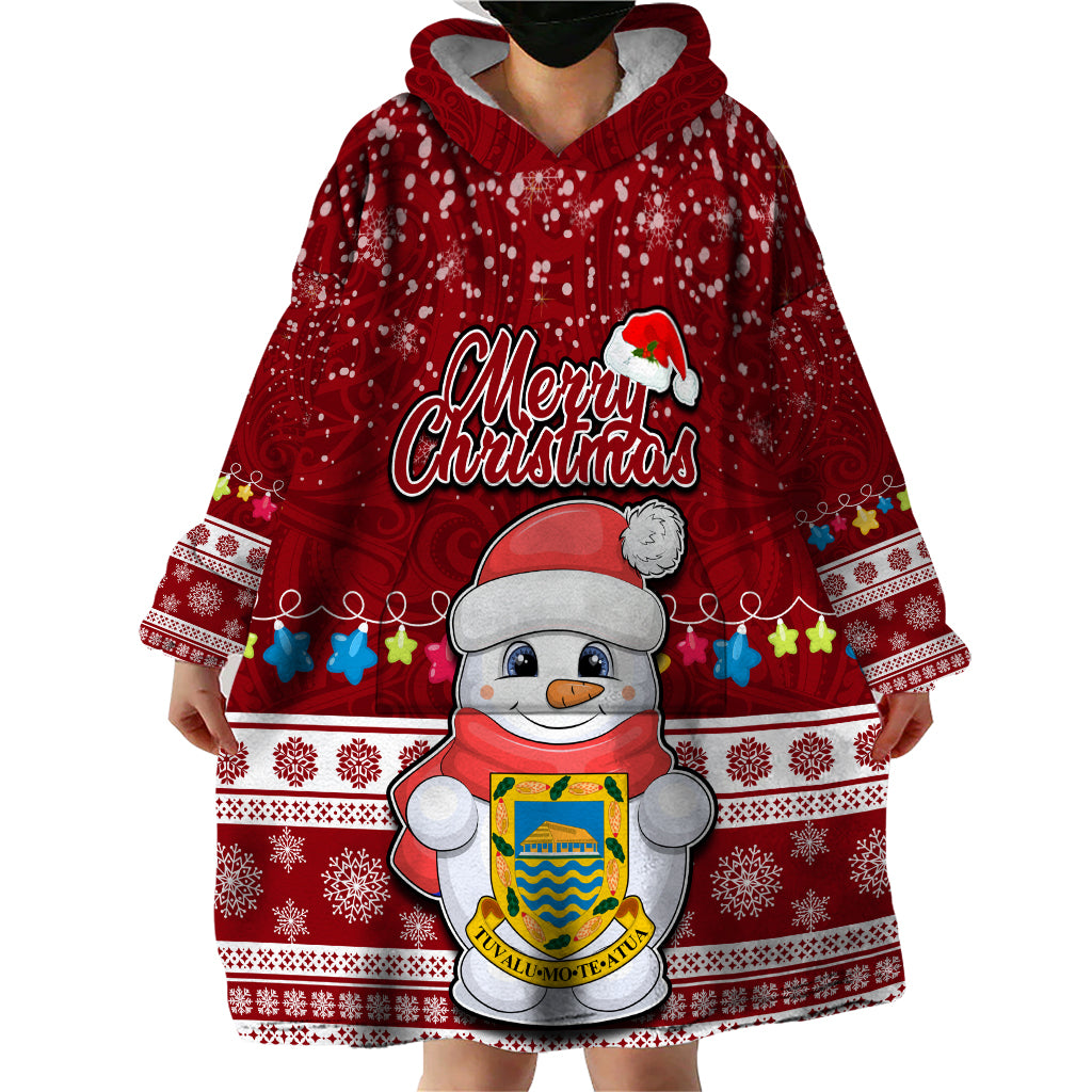 Personalised Tuvalu Christmas Wearable Blanket Hoodie Snowman and Tuvalu Coat of Arms Maori Tribal Xmas Style LT03 - Polynesian Pride