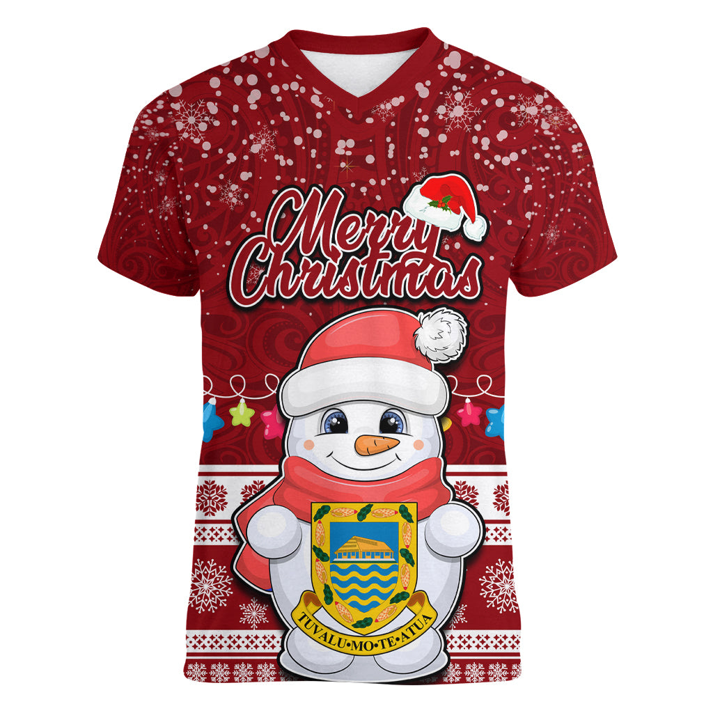 Personalised Tuvalu Christmas Women V Neck T Shirt Snowman and Tuvalu Coat of Arms Maori Tribal Xmas Style LT03 Female Red - Polynesian Pride