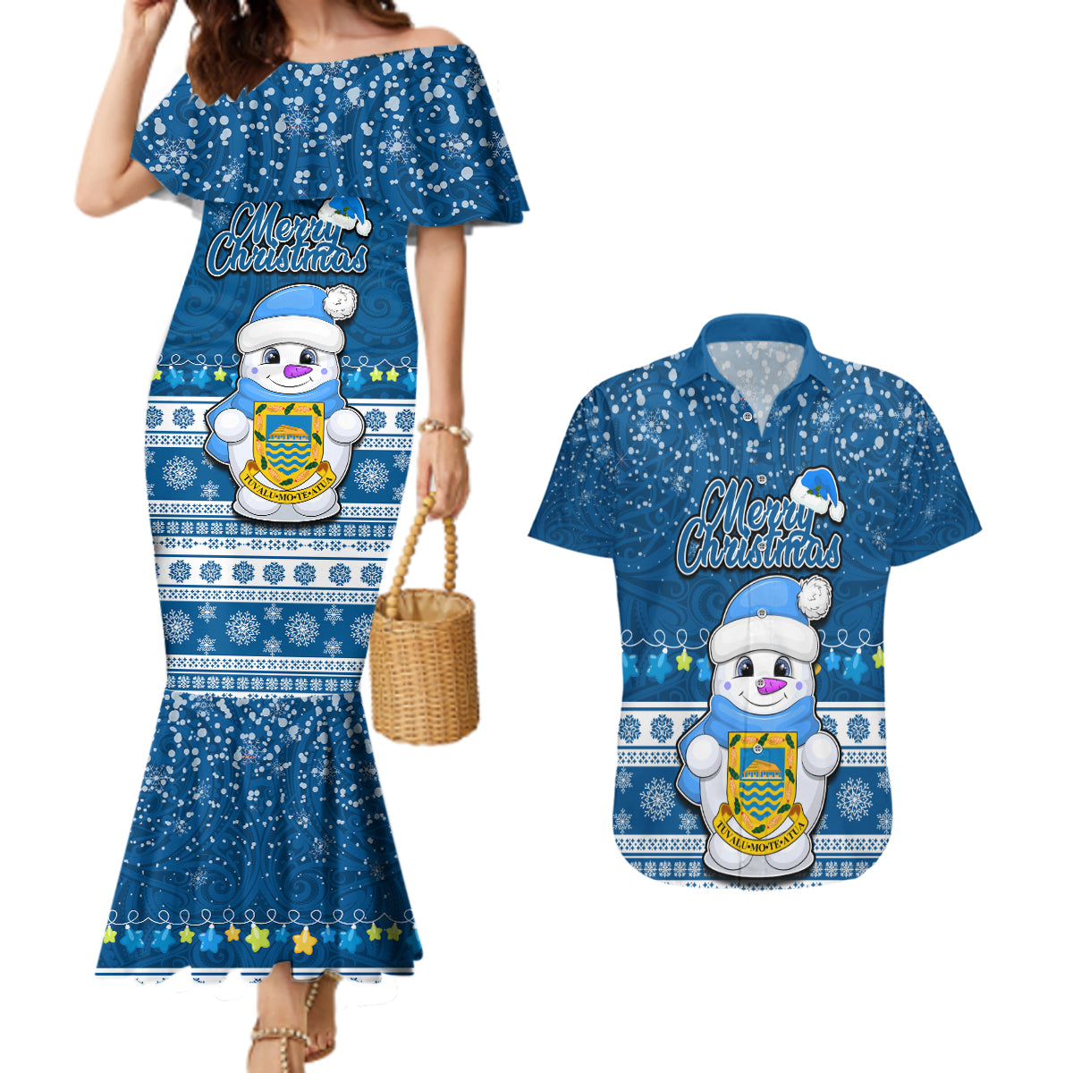 Tuvalu Christmas Couples Matching Mermaid Dress and Hawaiian Shirt Snowman Hugs Tuvalu Coat of Arms Maori Pattern Blue Style LT03 Blue - Polynesian Pride