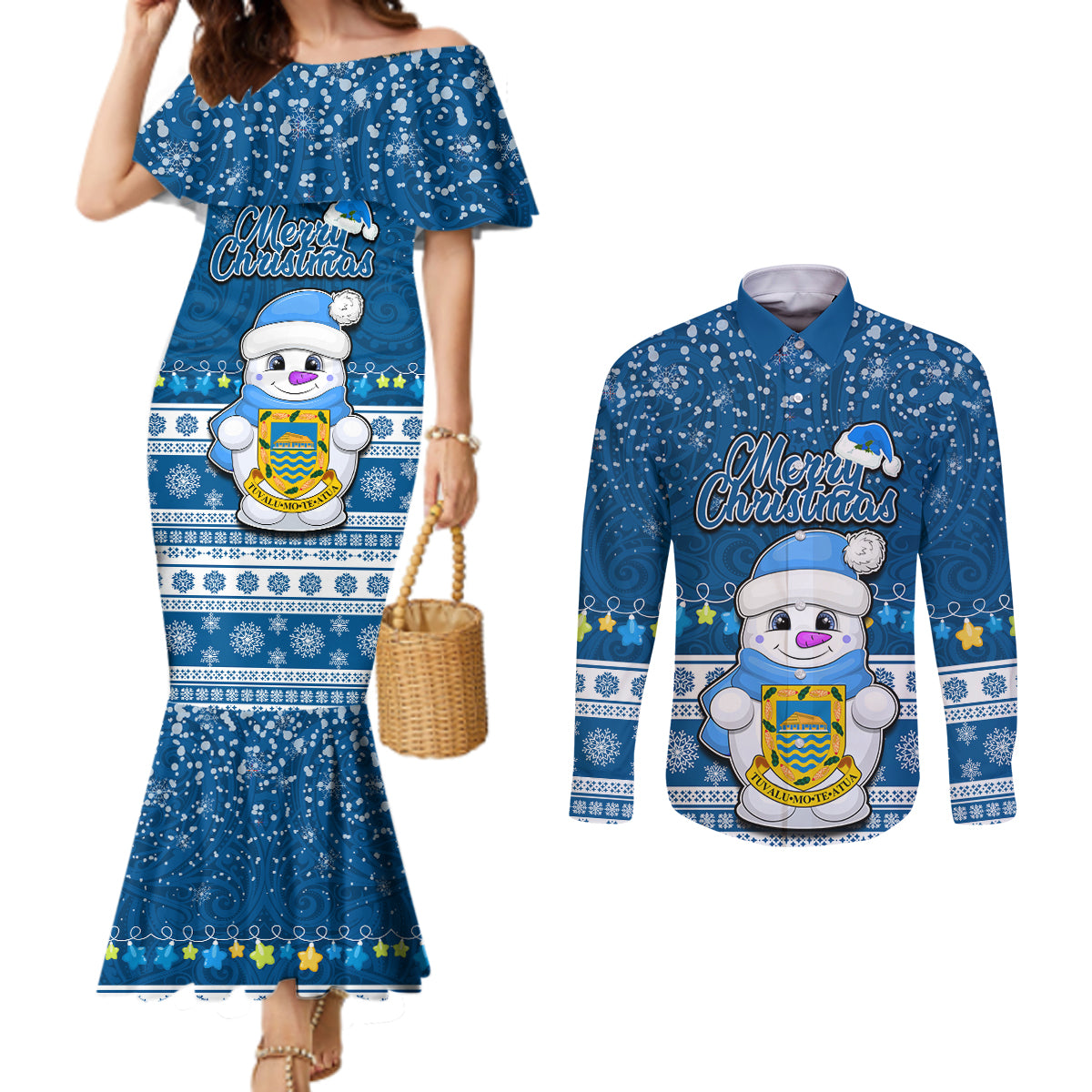 Tuvalu Christmas Couples Matching Mermaid Dress and Long Sleeve Button Shirt Snowman Hugs Tuvalu Coat of Arms Maori Pattern Blue Style LT03 Blue - Polynesian Pride