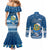 Tuvalu Christmas Couples Matching Mermaid Dress and Long Sleeve Button Shirt Snowman Hugs Tuvalu Coat of Arms Maori Pattern Blue Style LT03 - Polynesian Pride