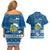 Tuvalu Christmas Couples Matching Off Shoulder Short Dress and Hawaiian Shirt Snowman Hugs Tuvalu Coat of Arms Maori Pattern Blue Style LT03 - Polynesian Pride