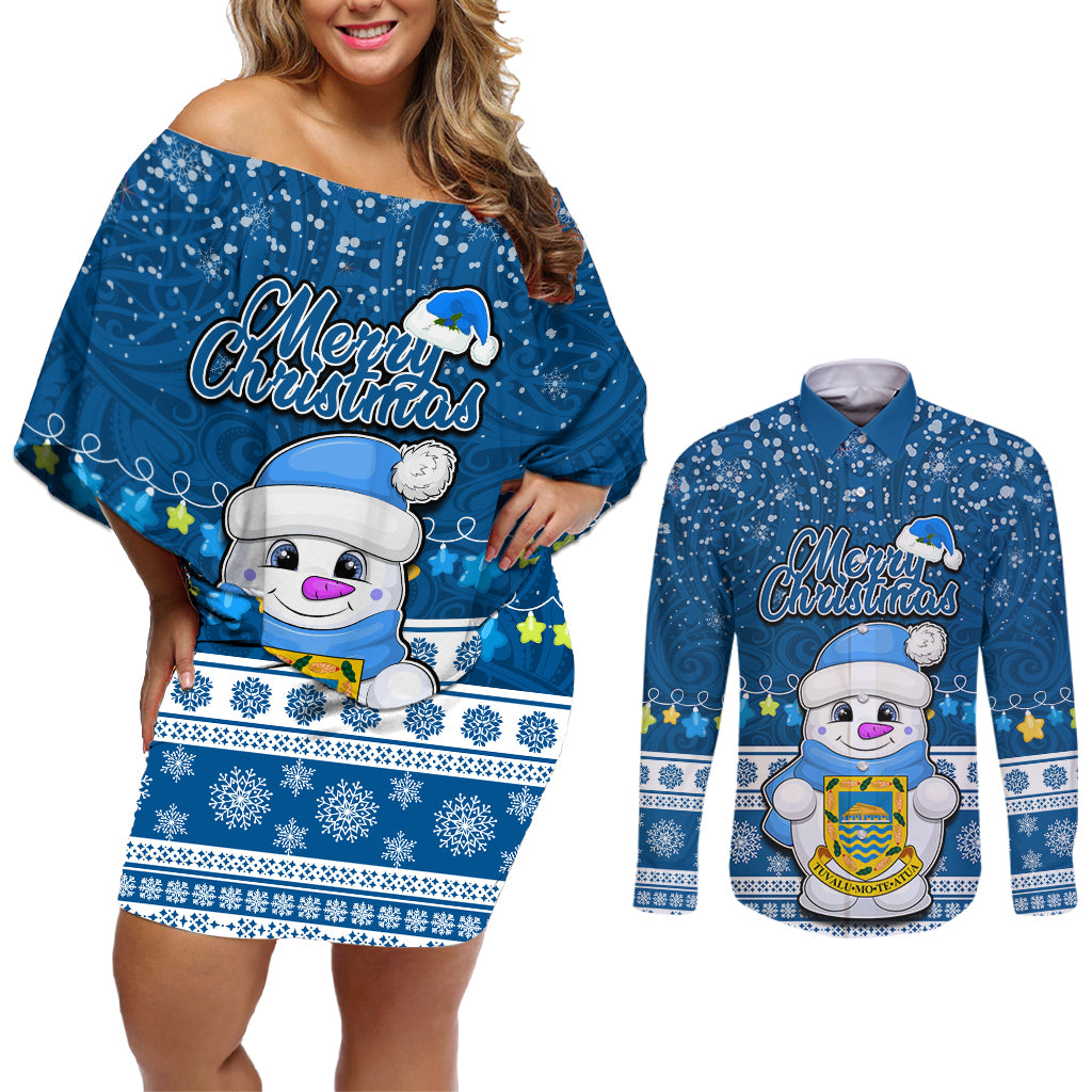 Tuvalu Christmas Couples Matching Off Shoulder Short Dress and Long Sleeve Button Shirt Snowman Hugs Tuvalu Coat of Arms Maori Pattern Blue Style LT03 Blue - Polynesian Pride