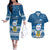 Tuvalu Christmas Couples Matching Off The Shoulder Long Sleeve Dress and Hawaiian Shirt Snowman Hugs Tuvalu Coat of Arms Maori Pattern Blue Style LT03 Blue - Polynesian Pride