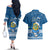 Tuvalu Christmas Couples Matching Off The Shoulder Long Sleeve Dress and Hawaiian Shirt Snowman Hugs Tuvalu Coat of Arms Maori Pattern Blue Style LT03 - Polynesian Pride