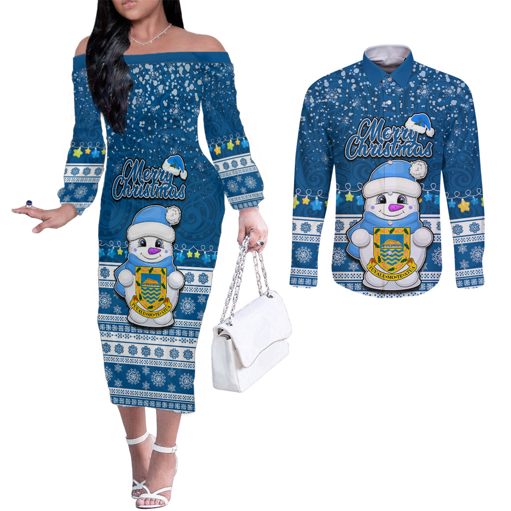 Tuvalu Christmas Couples Matching Off The Shoulder Long Sleeve Dress and Long Sleeve Button Shirt Snowman Hugs Tuvalu Coat of Arms Maori Pattern Blue Style LT03 Blue - Polynesian Pride