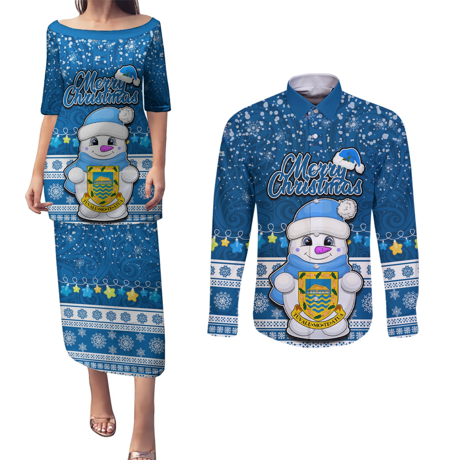 Tuvalu Christmas Couples Matching Puletasi Dress and Long Sleeve Button Shirt Snowman Hugs Tuvalu Coat of Arms Maori Pattern Blue Style LT03 Blue - Polynesian Pride