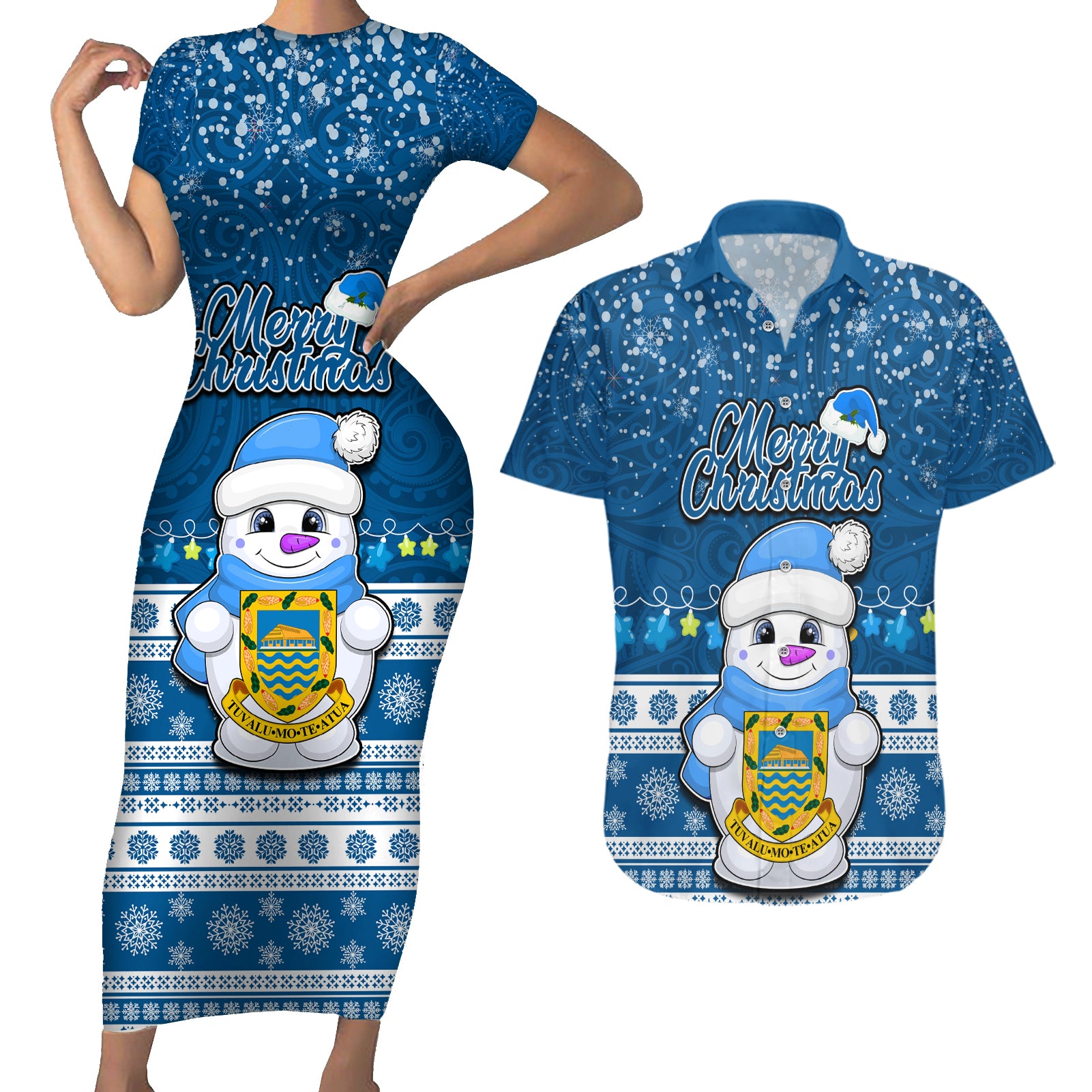 Tuvalu Christmas Couples Matching Short Sleeve Bodycon Dress and Hawaiian Shirt Snowman Hugs Tuvalu Coat of Arms Maori Pattern Blue Style LT03 Blue - Polynesian Pride