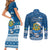 Tuvalu Christmas Couples Matching Short Sleeve Bodycon Dress and Long Sleeve Button Shirt Snowman Hugs Tuvalu Coat of Arms Maori Pattern Blue Style LT03 - Polynesian Pride