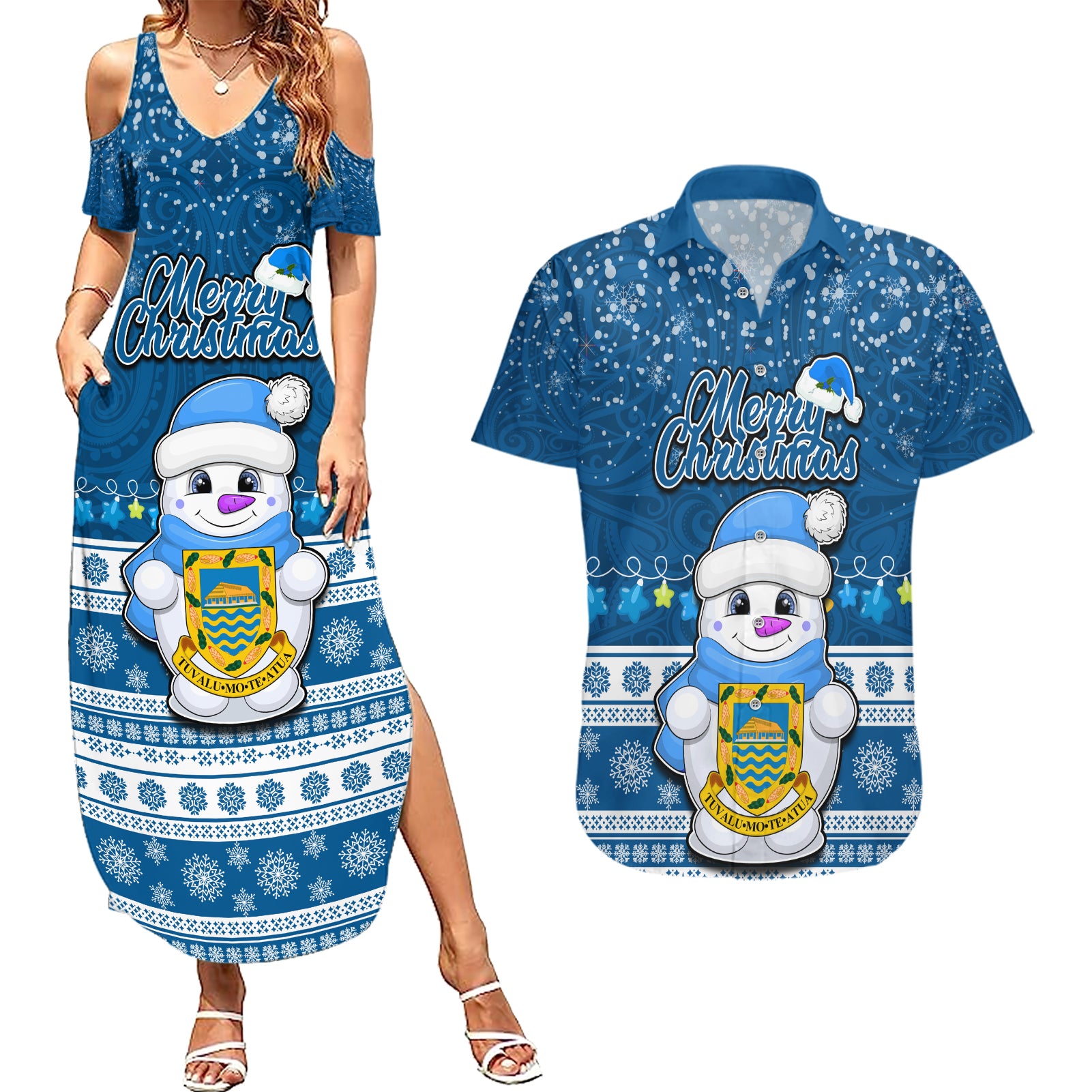 Tuvalu Christmas Couples Matching Summer Maxi Dress and Hawaiian Shirt Snowman Hugs Tuvalu Coat of Arms Maori Pattern Blue Style LT03 Blue - Polynesian Pride