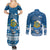 Tuvalu Christmas Couples Matching Summer Maxi Dress and Long Sleeve Button Shirt Snowman Hugs Tuvalu Coat of Arms Maori Pattern Blue Style LT03 - Polynesian Pride