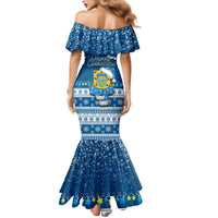 Tuvalu Christmas Family Matching Mermaid Dress and Hawaiian Shirt Snowman Hugs Tuvalu Coat of Arms Maori Pattern Blue Style LT03 - Polynesian Pride