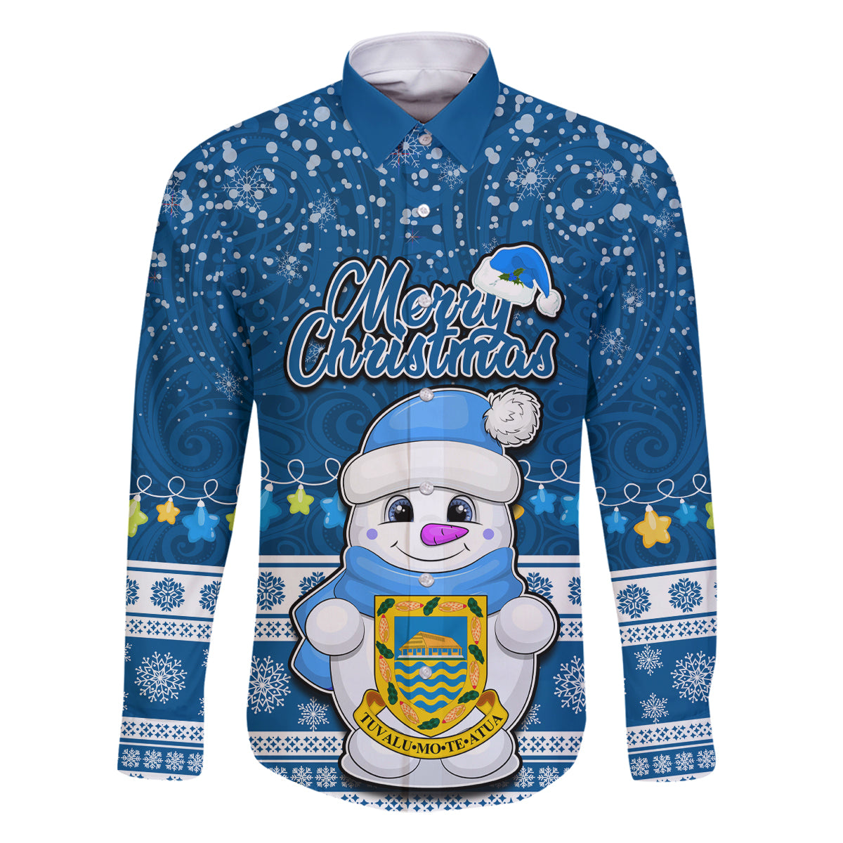 Tuvalu Christmas Family Matching Off Shoulder Maxi Dress and Hawaiian Shirt Snowman Hugs Tuvalu Coat of Arms Maori Pattern Blue Style LT03 Dad's Shirt - Long Sleeve Blue - Polynesian Pride