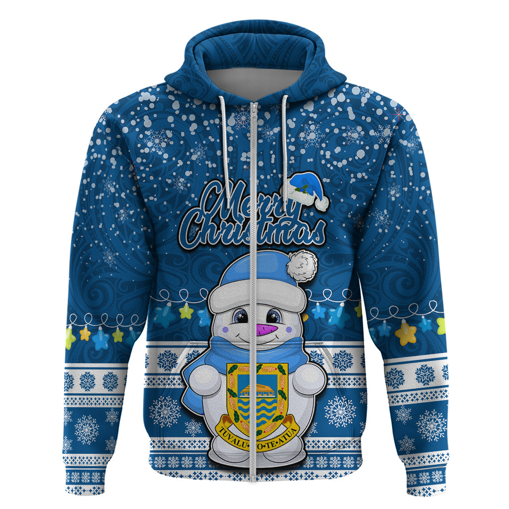 Tuvalu Christmas Hoodie Snowman Hugs Tuvalu Coat of Arms Maori Pattern Blue Style LT03 - Polynesian Pride