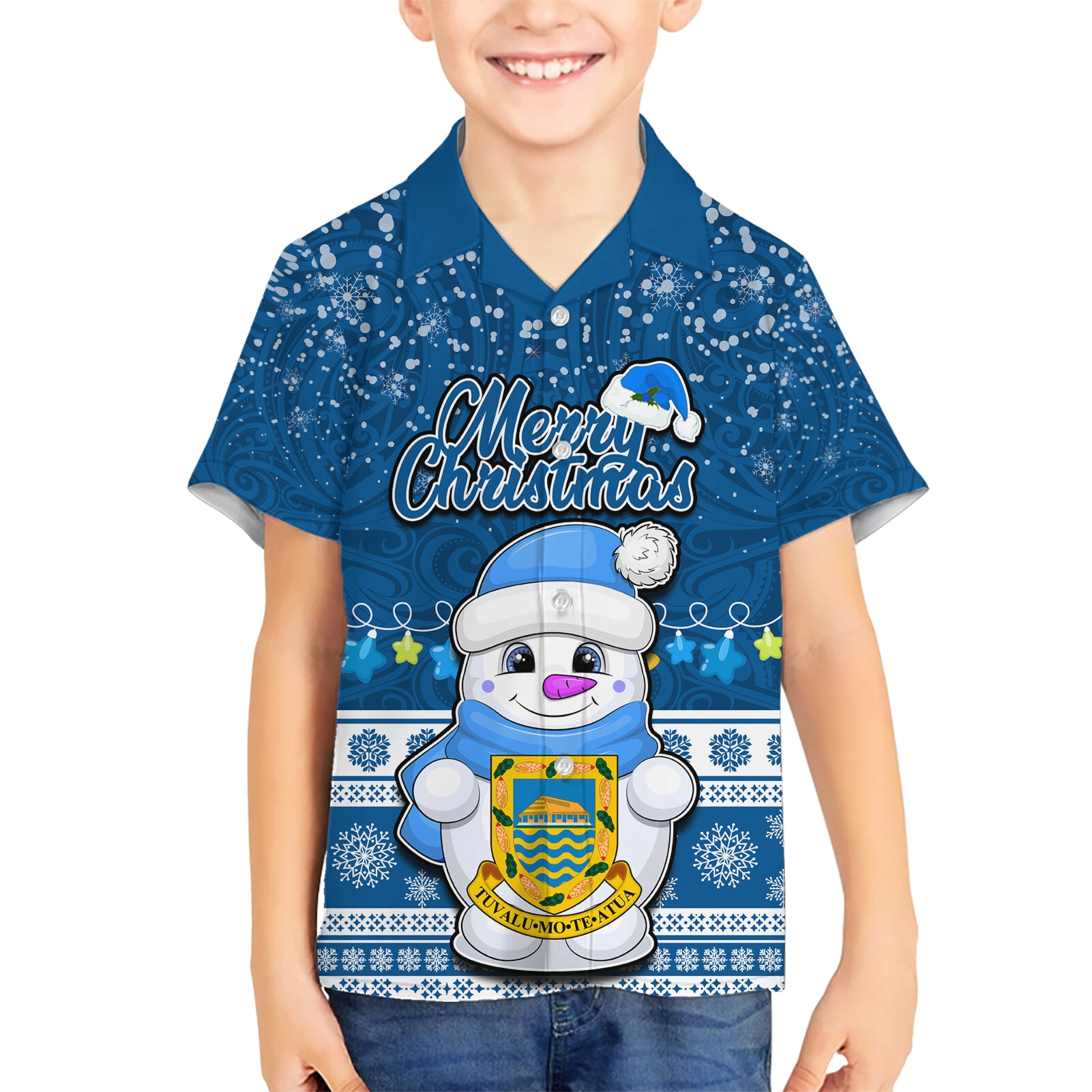 Tuvalu Christmas Kid Hawaiian Shirt Snowman Hugs Tuvalu Coat of Arms Maori Pattern Blue Style LT03 Kid Blue - Polynesian Pride