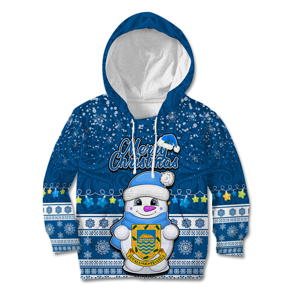 Tuvalu Christmas Kid Hoodie Snowman Hugs Tuvalu Coat of Arms Maori Pattern Blue Style LT03 Hoodie Blue - Polynesian Pride