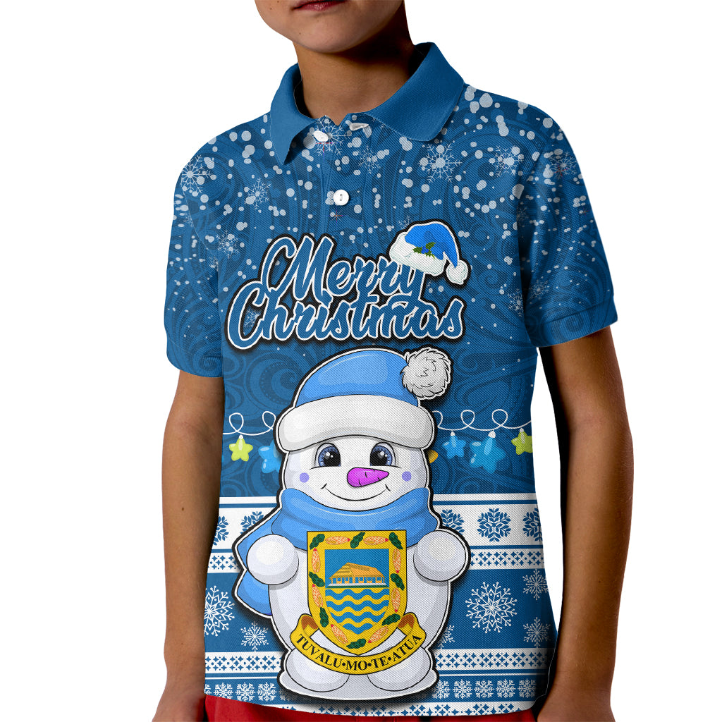 Tuvalu Christmas Kid Polo Shirt Snowman Hugs Tuvalu Coat of Arms Maori Pattern Blue Style LT03 Kid Blue - Polynesian Pride