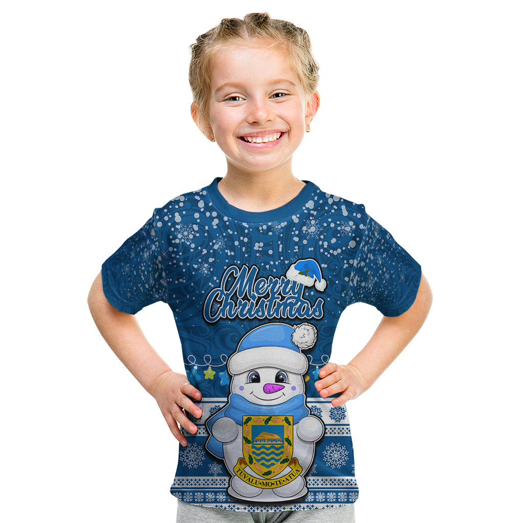 Tuvalu Christmas Kid T Shirt Snowman Hugs Tuvalu Coat of Arms Maori Pattern Blue Style LT03 Blue - Polynesian Pride