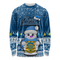 Tuvalu Christmas Long Sleeve Shirt Snowman Hugs Tuvalu Coat of Arms Maori Pattern Blue Style LT03 Unisex Blue - Polynesian Pride