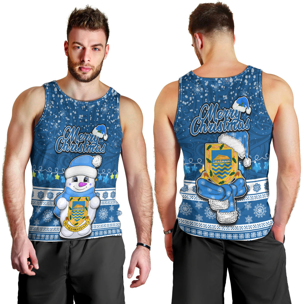 Tuvalu Christmas Men Tank Top Snowman Hugs Tuvalu Coat of Arms Maori Pattern Blue Style LT03 - Polynesian Pride