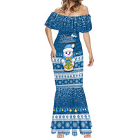 Tuvalu Christmas Mermaid Dress Snowman Hugs Tuvalu Coat of Arms Maori Pattern Blue Style LT03 - Polynesian Pride