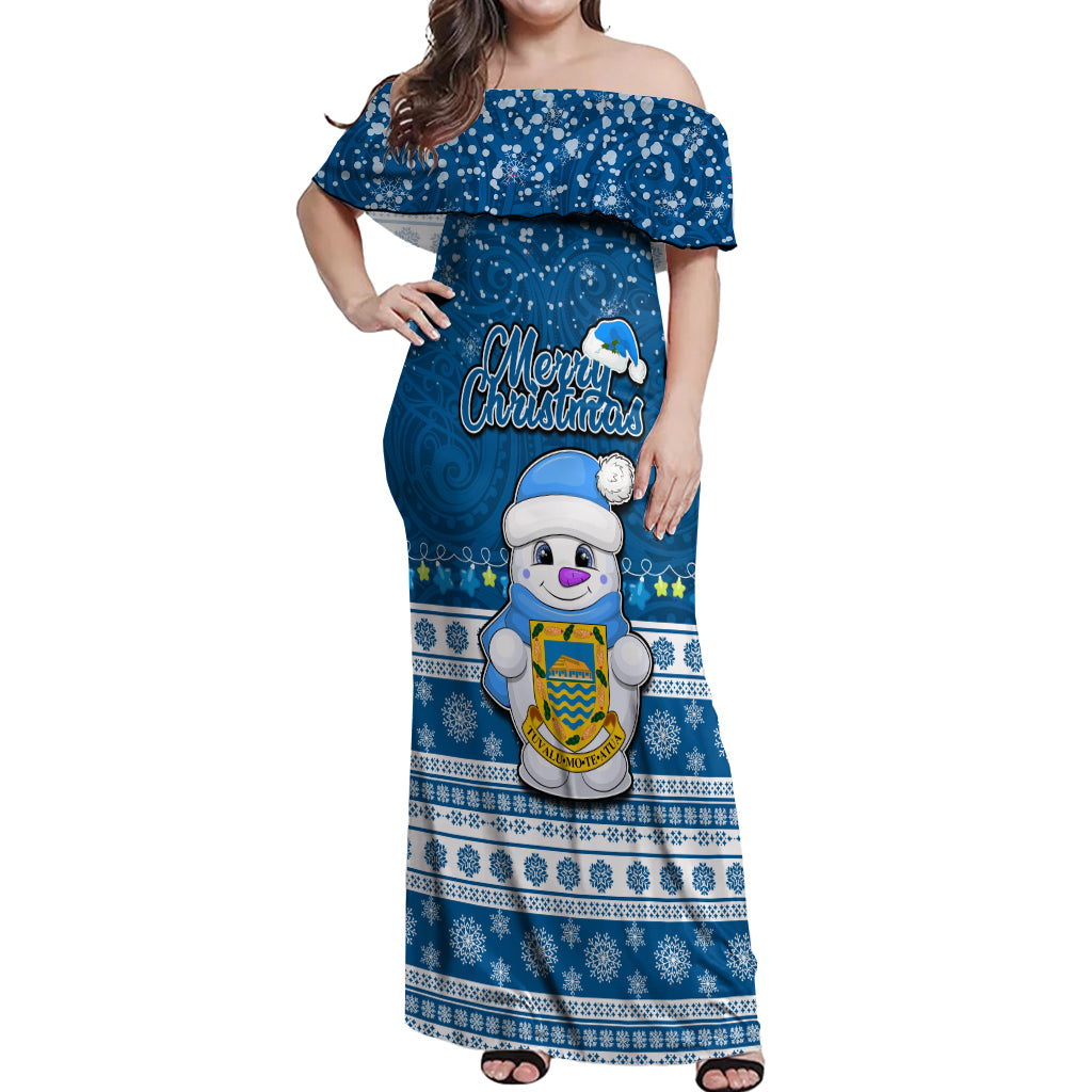 Tuvalu Christmas Off Shoulder Maxi Dress Snowman Hugs Tuvalu Coat of Arms Maori Pattern Blue Style LT03 Women Blue - Polynesian Pride