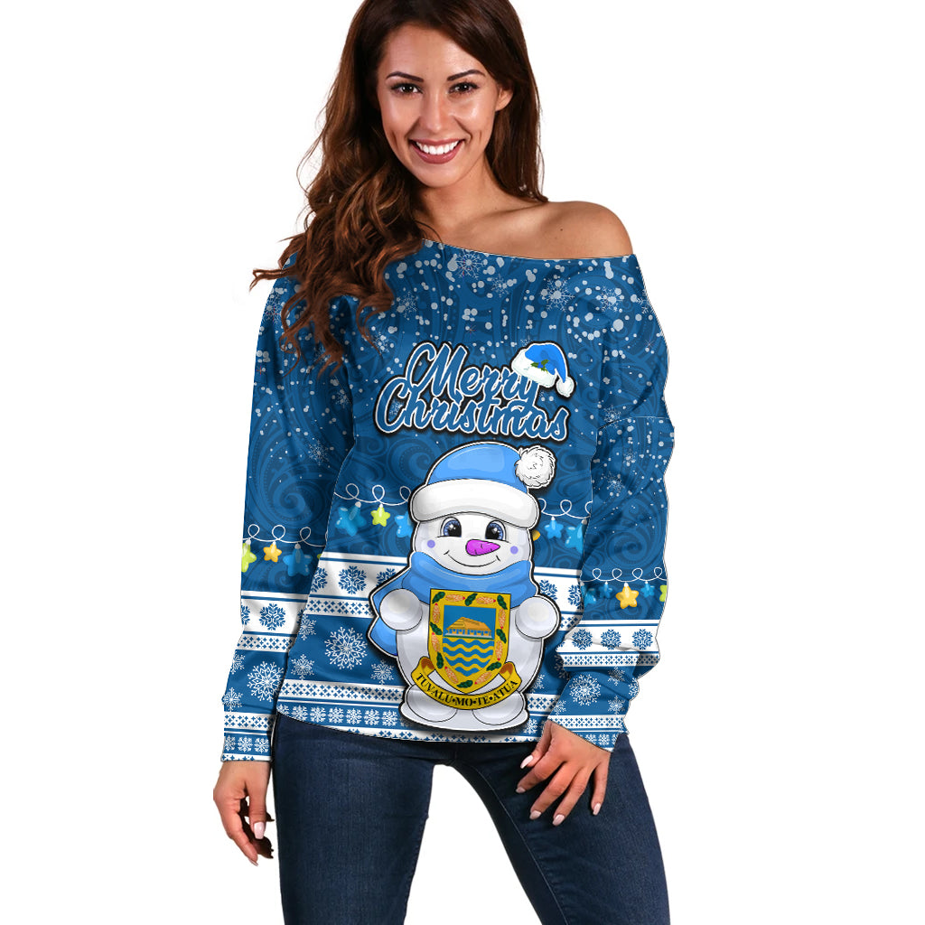 Tuvalu Christmas Off Shoulder Sweater Snowman Hugs Tuvalu Coat of Arms Maori Pattern Blue Style LT03 Women Blue - Polynesian Pride