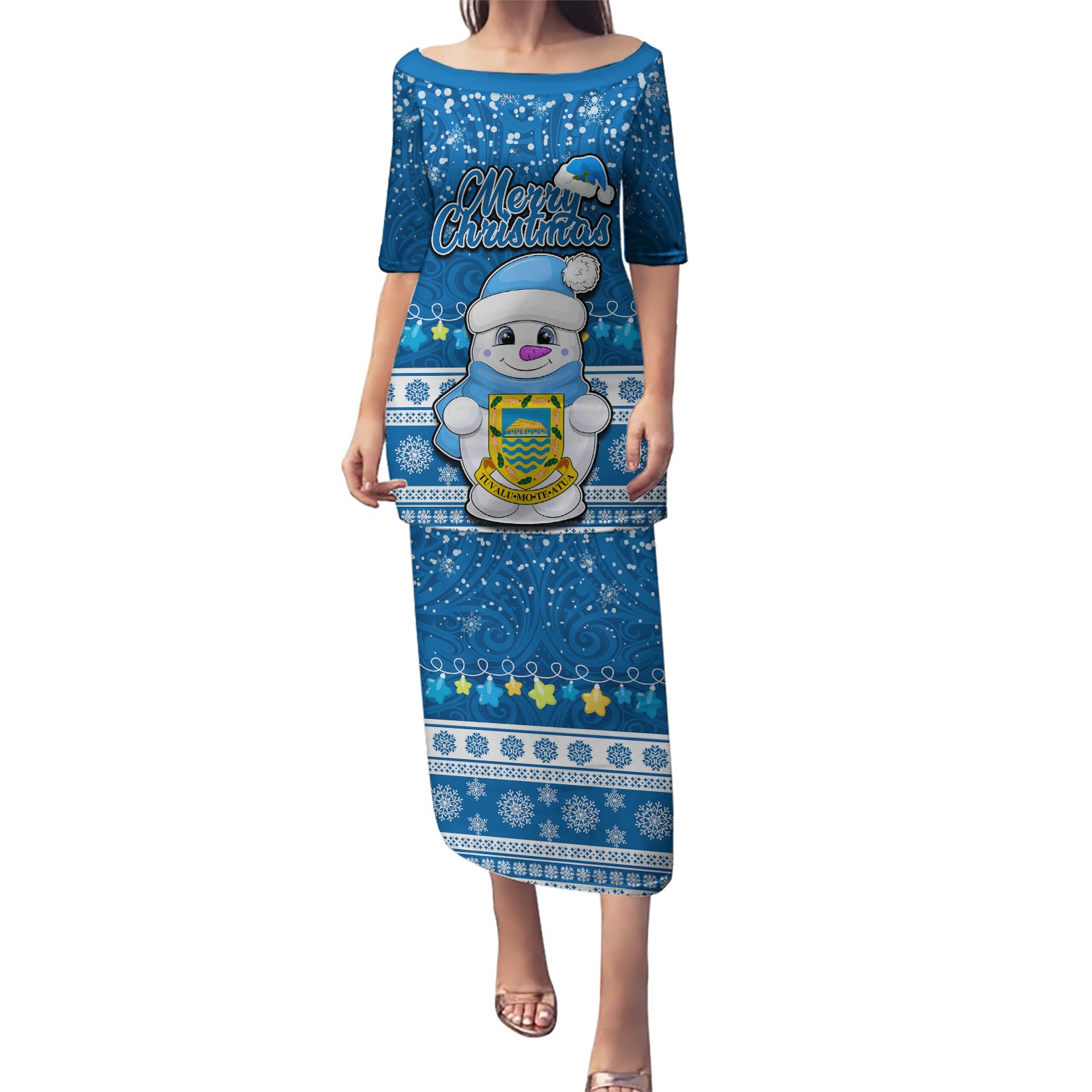 Tuvalu Christmas Puletasi Snowman Hugs Tuvalu Coat of Arms Maori Pattern Blue Style LT03 Long Dress Blue - Polynesian Pride