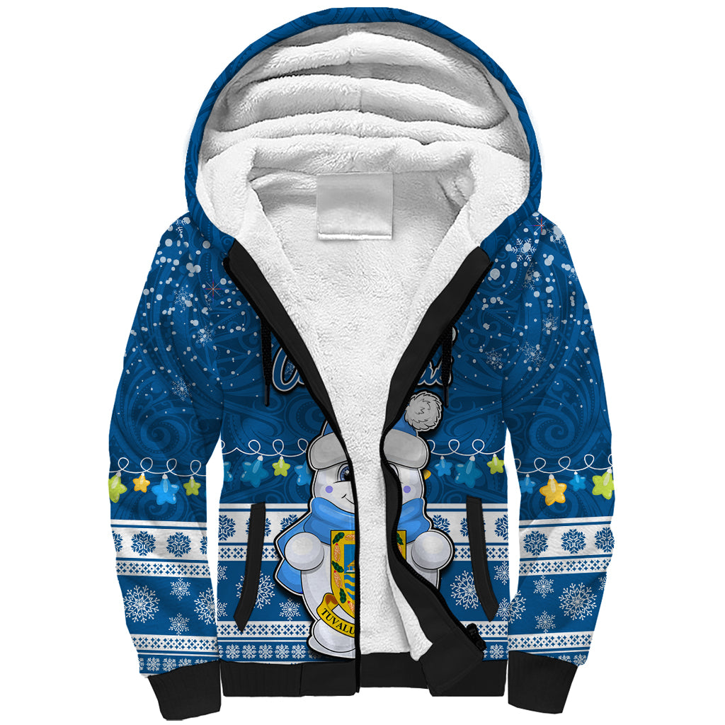 Tuvalu Christmas Sherpa Hoodie Snowman Hugs Tuvalu Coat of Arms Maori Pattern Blue Style LT03 Unisex Blue - Polynesian Pride