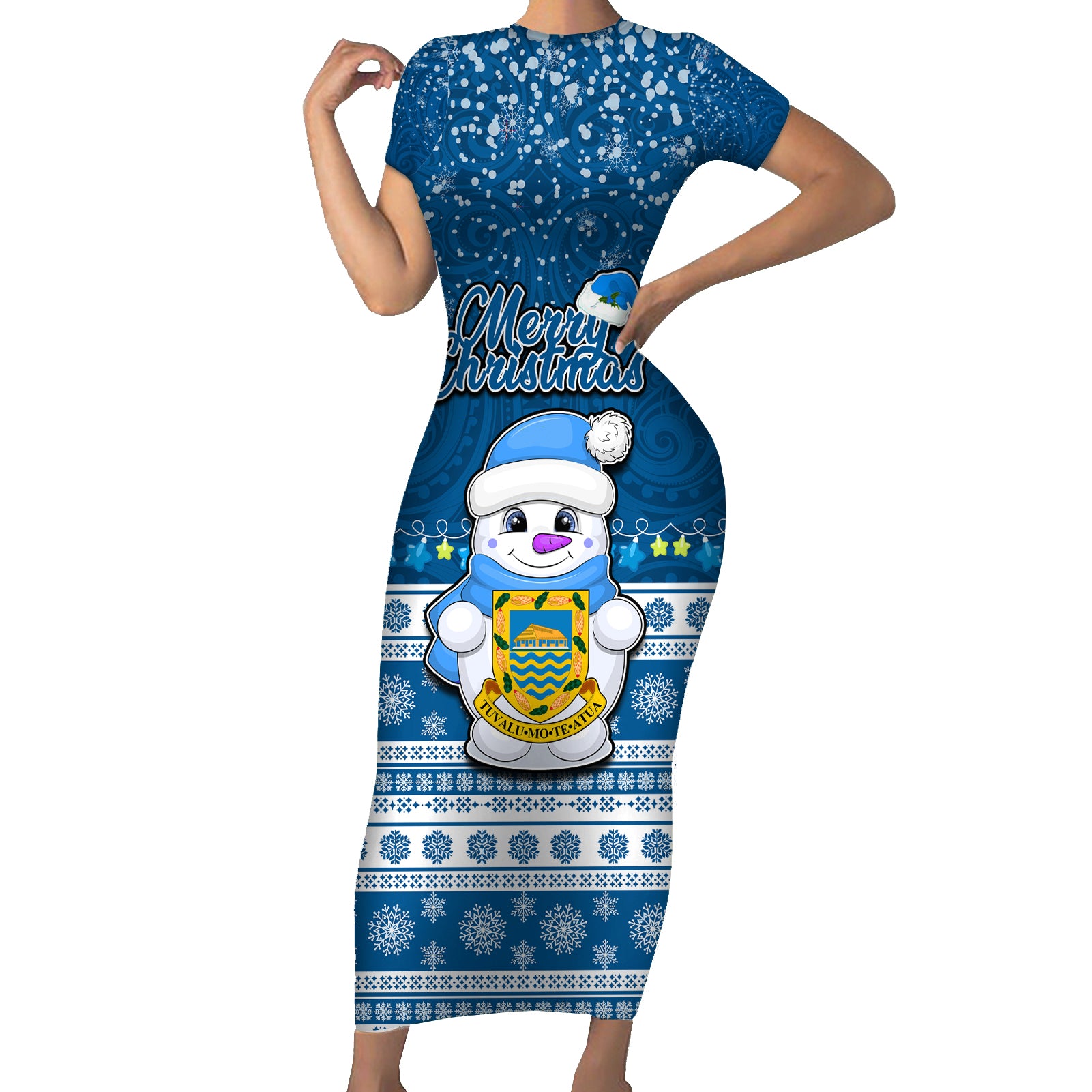 Tuvalu Christmas Short Sleeve Bodycon Dress Snowman Hugs Tuvalu Coat of Arms Maori Pattern Blue Style LT03 Long Dress Blue - Polynesian Pride