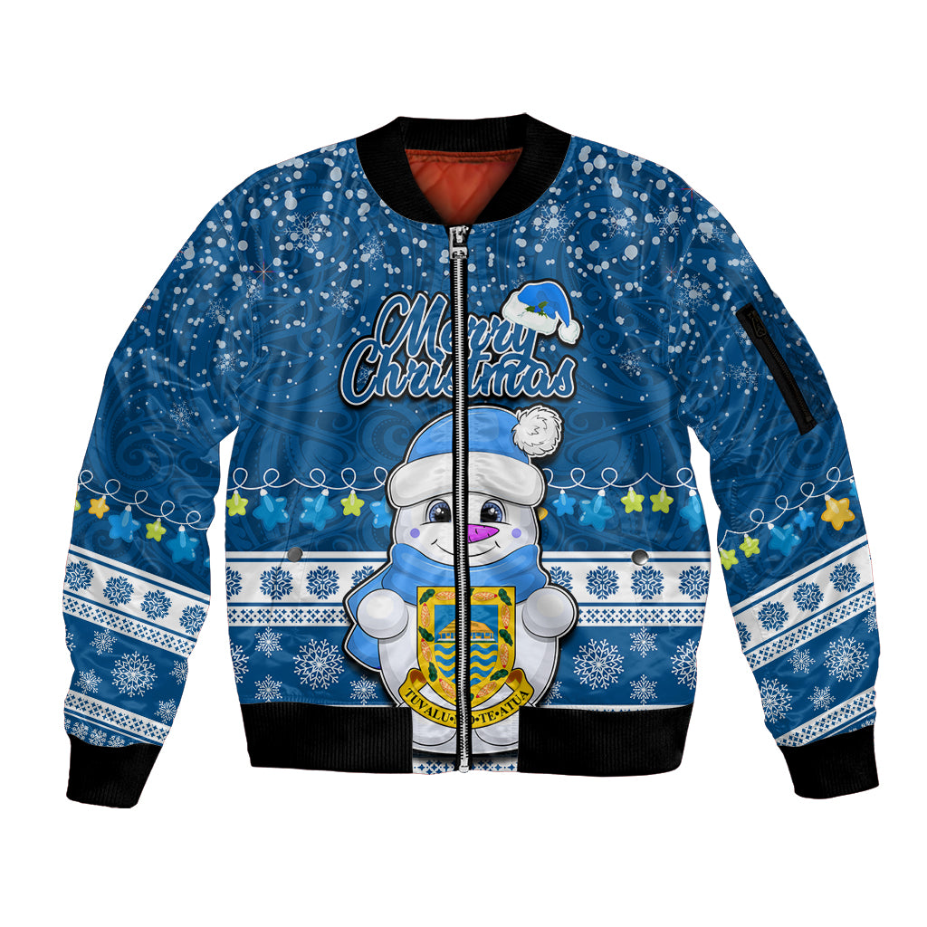 Tuvalu Christmas Sleeve Zip Bomber Jacket Snowman Hugs Tuvalu Coat of Arms Maori Pattern Blue Style LT03 Unisex Blue - Polynesian Pride