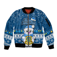 Tuvalu Christmas Sleeve Zip Bomber Jacket Snowman Hugs Tuvalu Coat of Arms Maori Pattern Blue Style LT03 Unisex Blue - Polynesian Pride