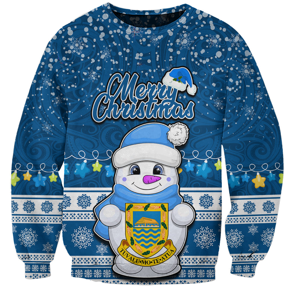 Tuvalu Christmas Sweatshirt Snowman Hugs Tuvalu Coat of Arms Maori Pattern Blue Style LT03 Unisex Blue - Polynesian Pride