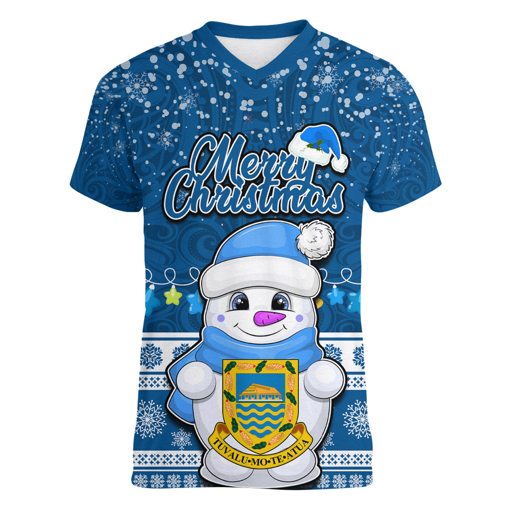 Tuvalu Christmas Women V Neck T Shirt Snowman Hugs Tuvalu Coat of Arms Maori Pattern Blue Style LT03 Female Blue - Polynesian Pride