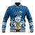 Personalised Tuvalu Christmas Baseball Jacket Snowman Hugs Tuvalu Coat of Arms Maori Pattern Blue Style LT03 Unisex Blue - Polynesian Pride