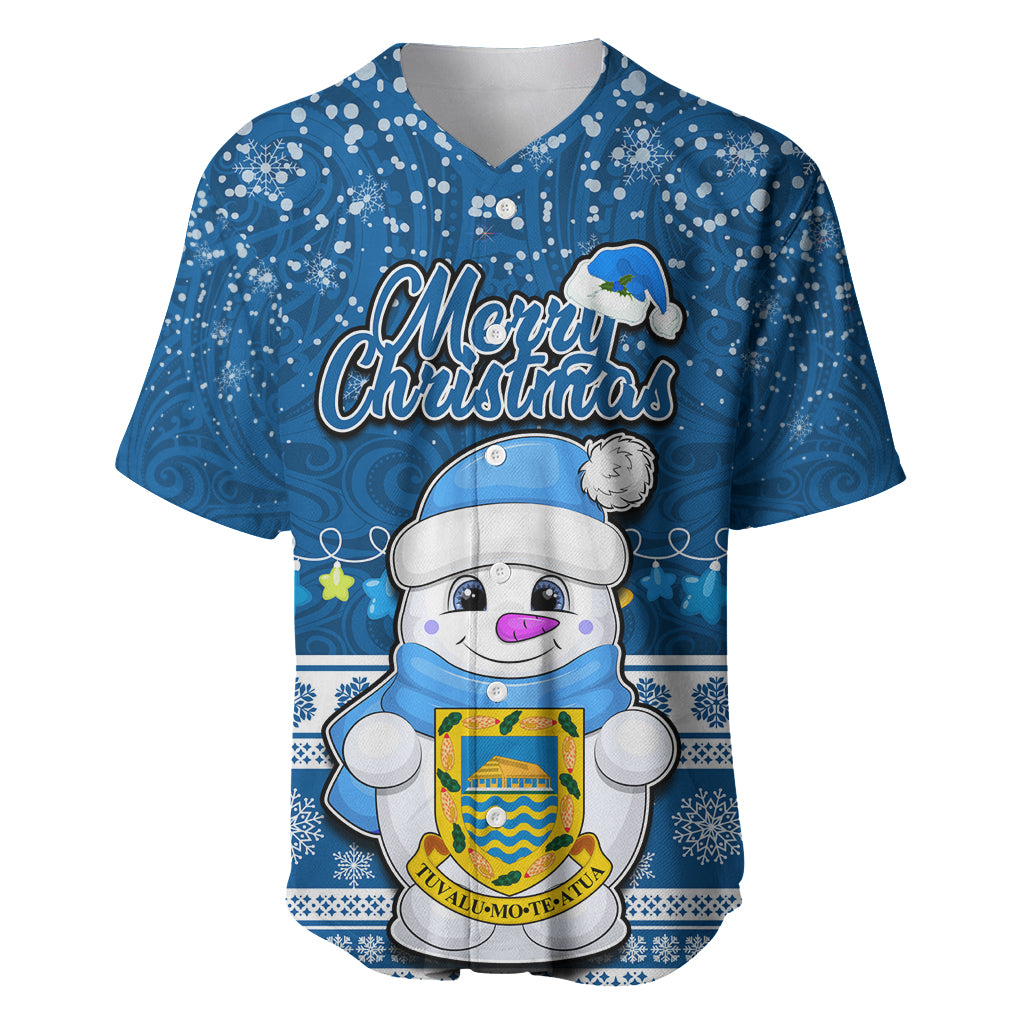 Personalised Tuvalu Christmas Baseball Jersey Snowman Hugs Tuvalu Coat of Arms Maori Pattern Blue Style LT03 Blue - Polynesian Pride