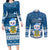 Personalised Tuvalu Christmas Couples Matching Long Sleeve Bodycon Dress and Long Sleeve Button Shirt Snowman Hugs Tuvalu Coat of Arms Maori Pattern Blue Style LT03 Blue - Polynesian Pride