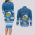 Personalised Tuvalu Christmas Couples Matching Long Sleeve Bodycon Dress and Long Sleeve Button Shirt Snowman Hugs Tuvalu Coat of Arms Maori Pattern Blue Style LT03 - Polynesian Pride