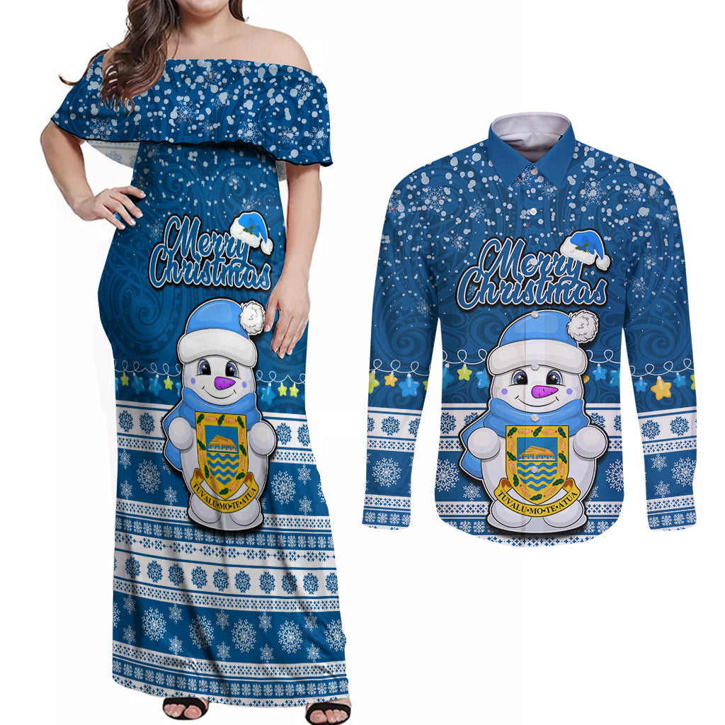 Personalised Tuvalu Christmas Couples Matching Off Shoulder Maxi Dress and Long Sleeve Button Shirt Snowman Hugs Tuvalu Coat of Arms Maori Pattern Blue Style LT03 Blue - Polynesian Pride