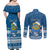 Personalised Tuvalu Christmas Couples Matching Off Shoulder Maxi Dress and Long Sleeve Button Shirt Snowman Hugs Tuvalu Coat of Arms Maori Pattern Blue Style LT03 - Polynesian Pride