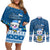 Personalised Tuvalu Christmas Couples Matching Off Shoulder Short Dress and Long Sleeve Button Shirt Snowman Hugs Tuvalu Coat of Arms Maori Pattern Blue Style LT03 Blue - Polynesian Pride