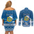 Personalised Tuvalu Christmas Couples Matching Off Shoulder Short Dress and Long Sleeve Button Shirt Snowman Hugs Tuvalu Coat of Arms Maori Pattern Blue Style LT03 - Polynesian Pride