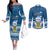 Personalised Tuvalu Christmas Couples Matching Off The Shoulder Long Sleeve Dress and Long Sleeve Button Shirt Snowman Hugs Tuvalu Coat of Arms Maori Pattern Blue Style LT03 Blue - Polynesian Pride