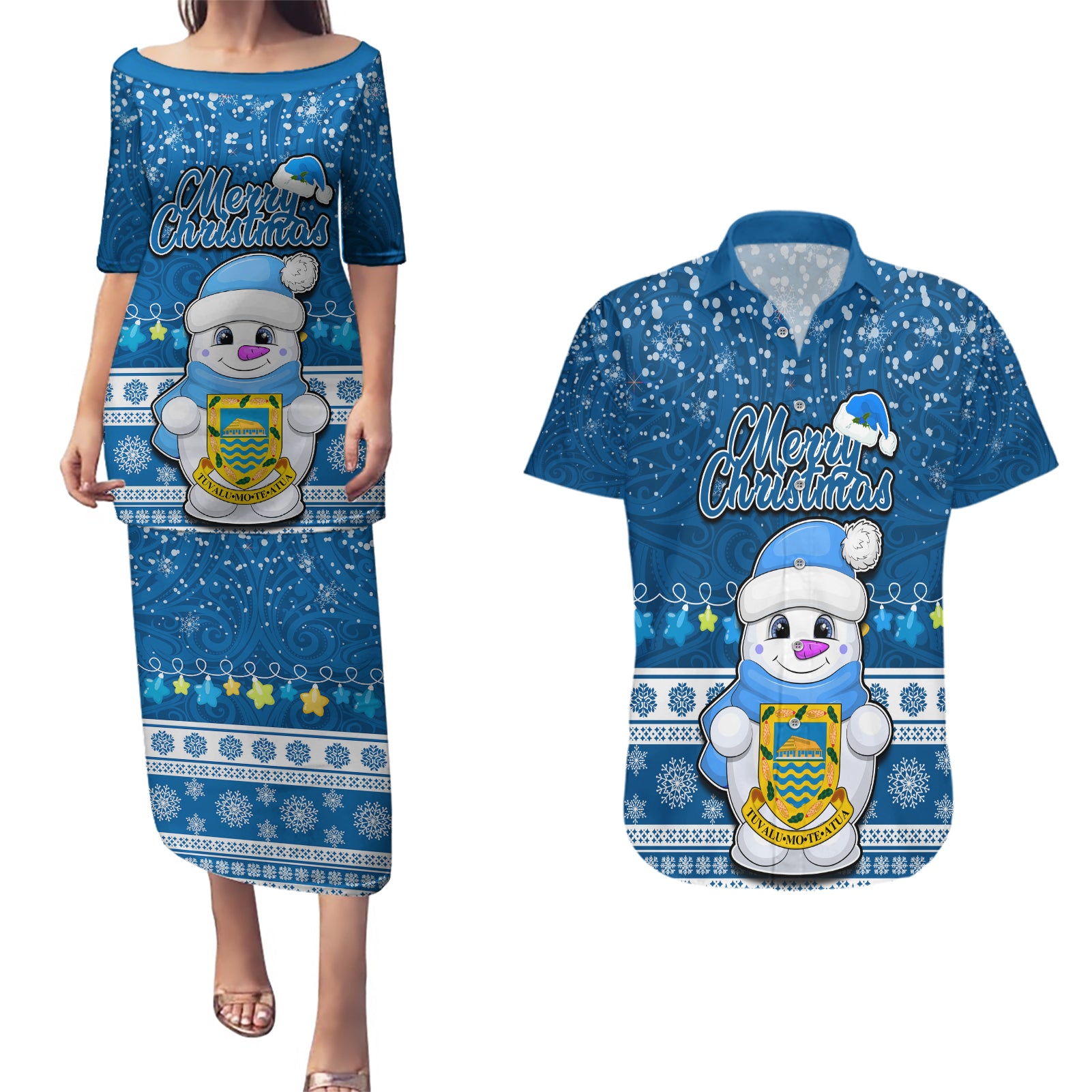 Personalised Tuvalu Christmas Couples Matching Puletasi Dress and Hawaiian Shirt Snowman Hugs Tuvalu Coat of Arms Maori Pattern Blue Style LT03 Blue - Polynesian Pride